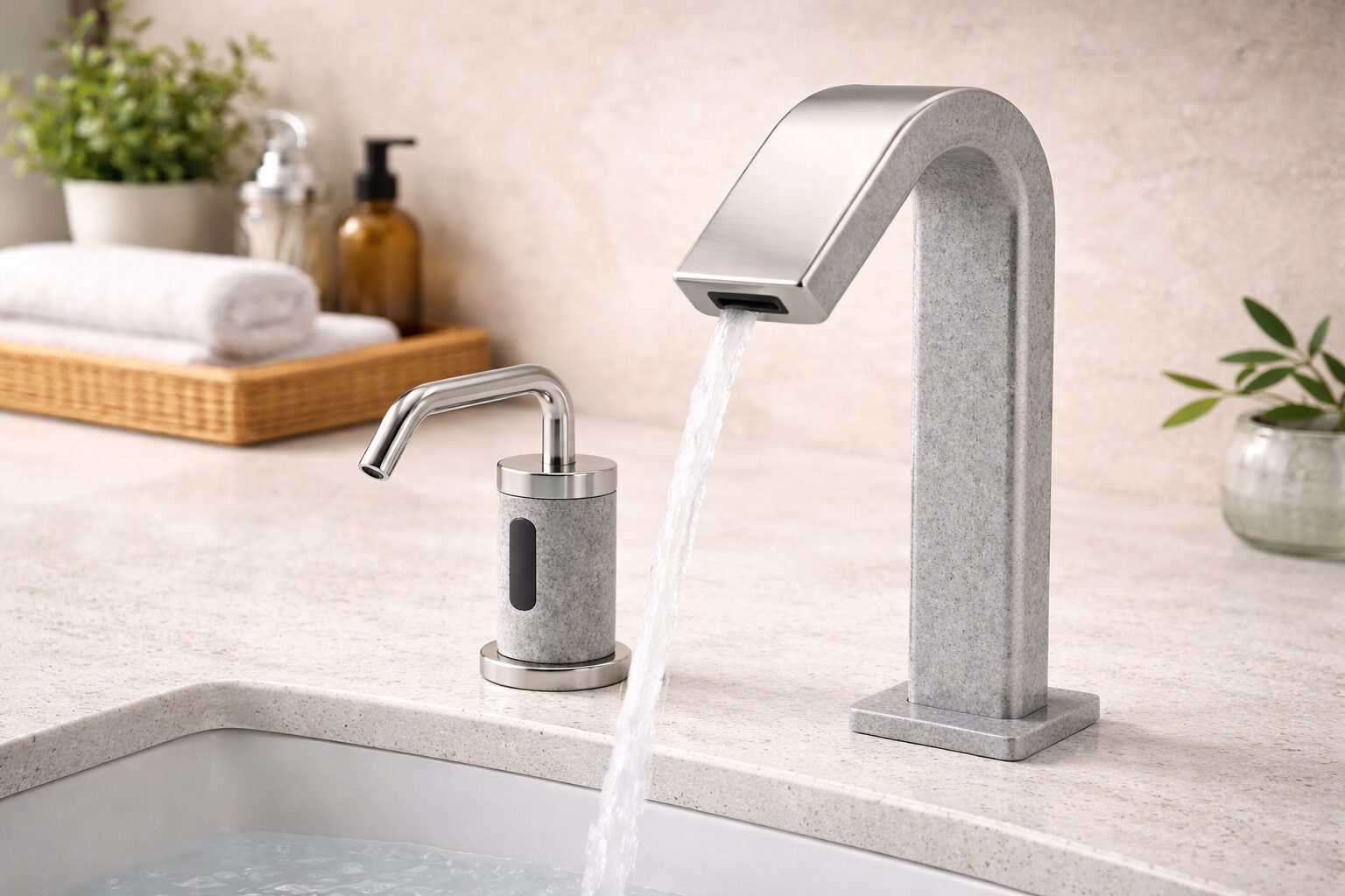 Premium bathroom faucet in brushed nickel finish installed on a modern sink