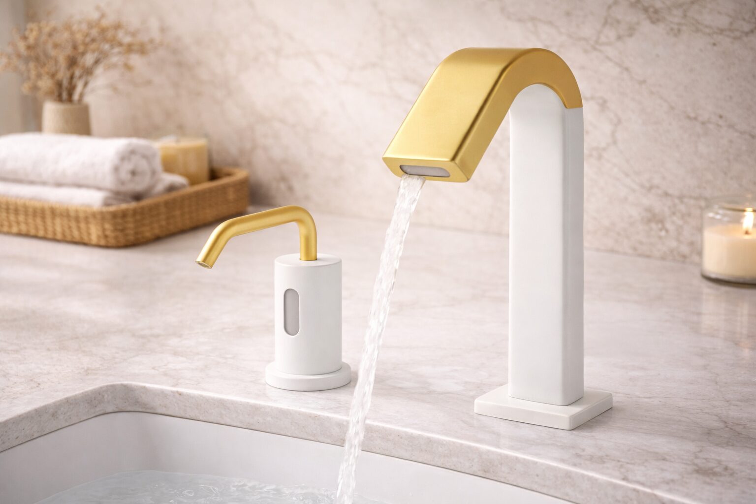 Elegant bathroom interior featuring brushed nickel fixtures and soft neutral finishes
