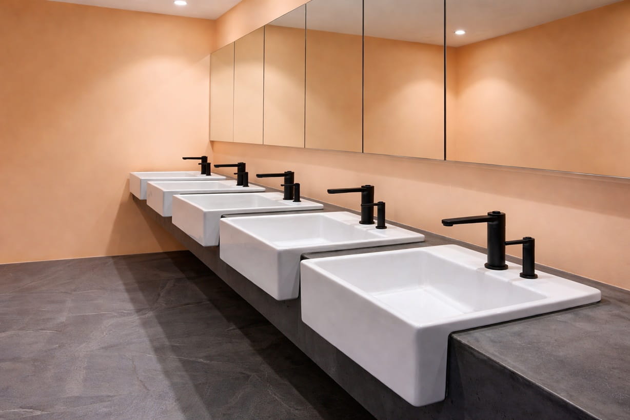 Chicago Faucets EVR touchless faucet with durable brass body in a commercial restroom