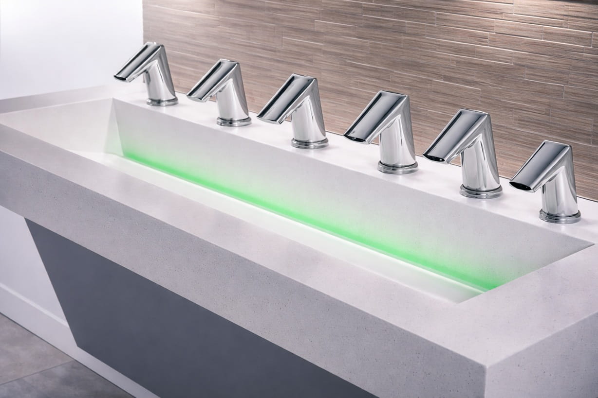 Transit hub wash area fitted with commercial touchless faucets for heavy public use