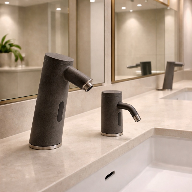 Close view of a touchless faucet sensor module designed for commercial use