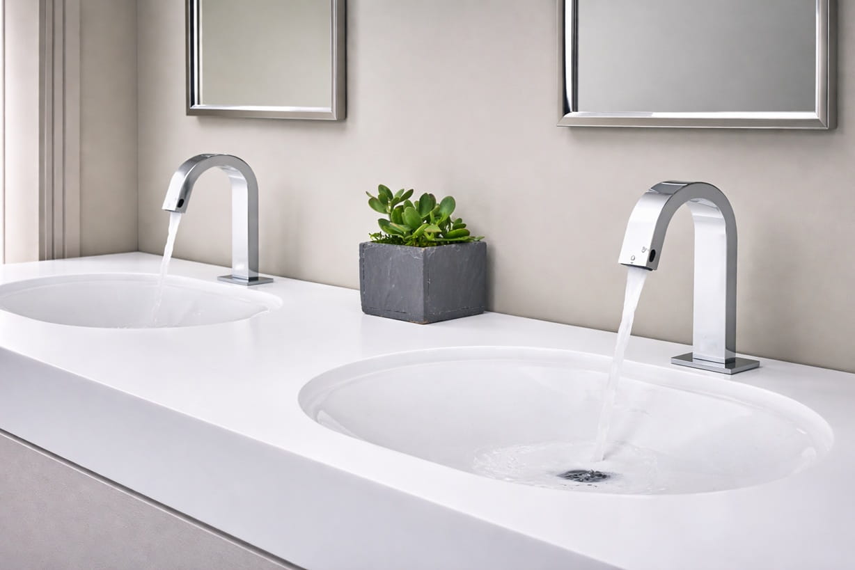 Arena restroom with a continuous row of touchless faucets during peak event traffic