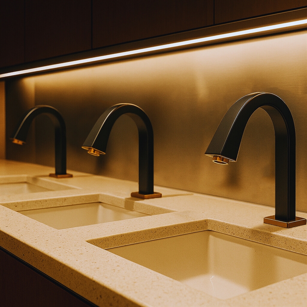 Modern stadium restroom with multiple commercial touchless faucets installed along a long sink counter