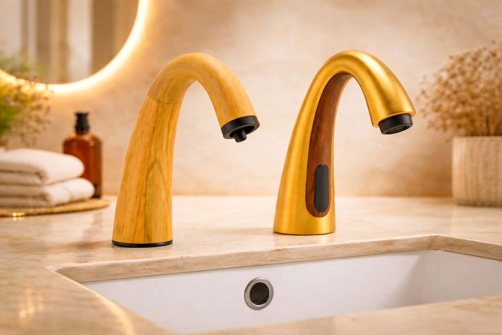 Commercial restroom sink area with touchless soap dispenser and hygiene fixtures