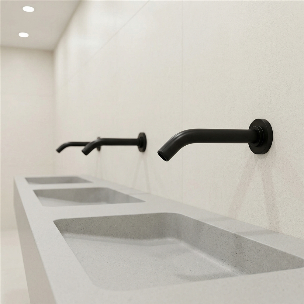 Maintenance technician inspecting a commercial touchless faucet installation