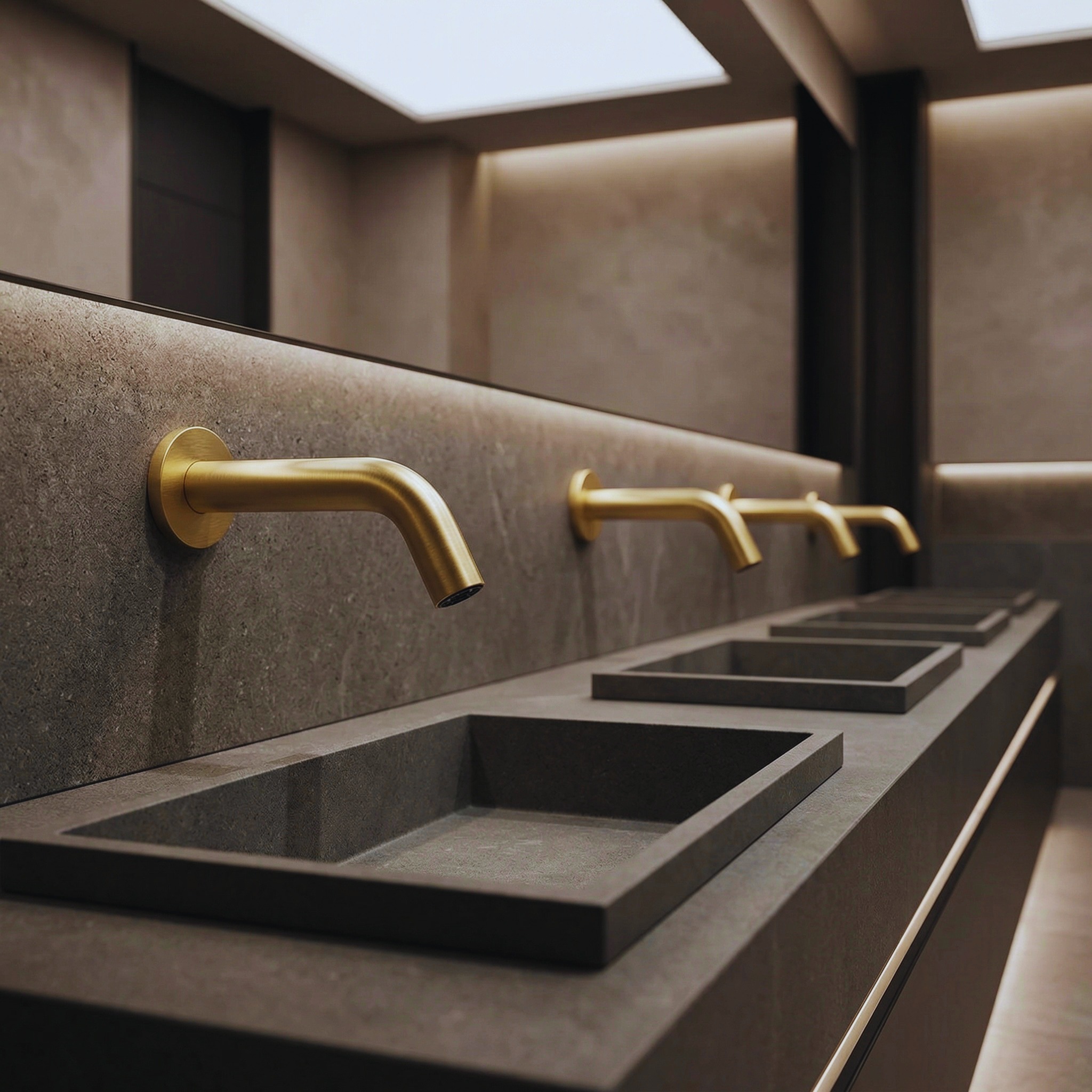Modern commercial restroom with wall-mounted brass faucets and stone sinks