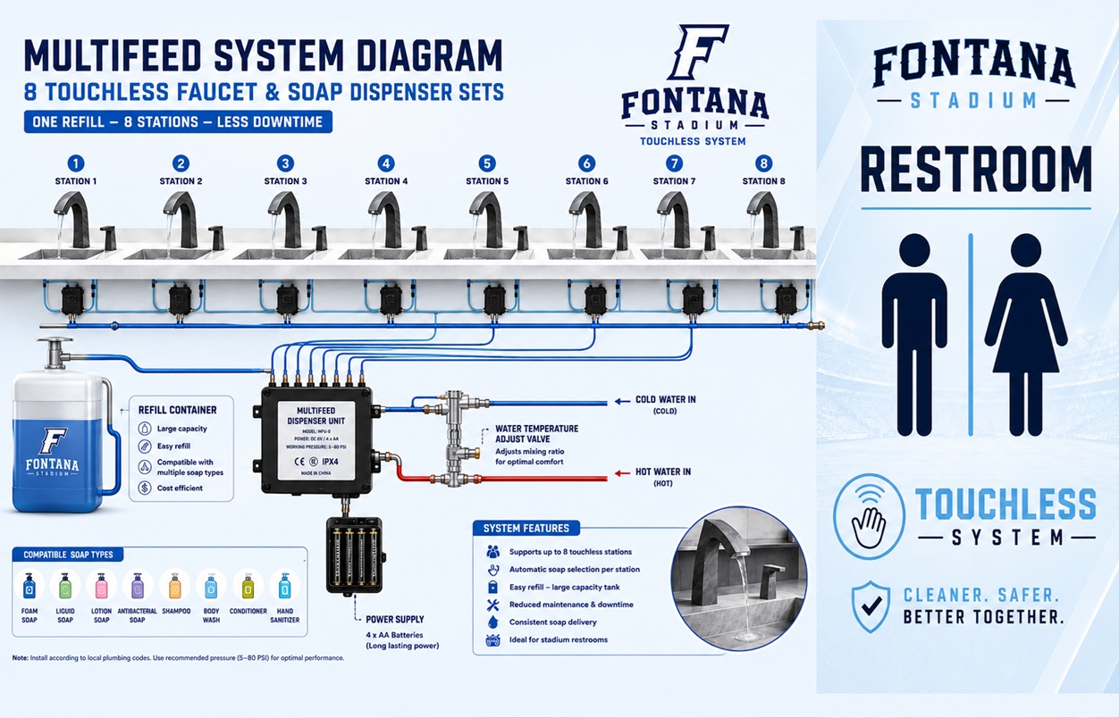 FontanaShowers multi-feed soap dispenser systems for stadium restrooms