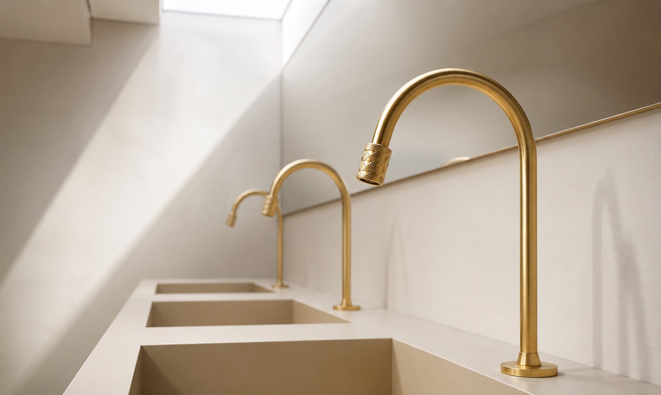 Modern corporate restroom with coordinated touchless faucet and soap dispenser fixtures