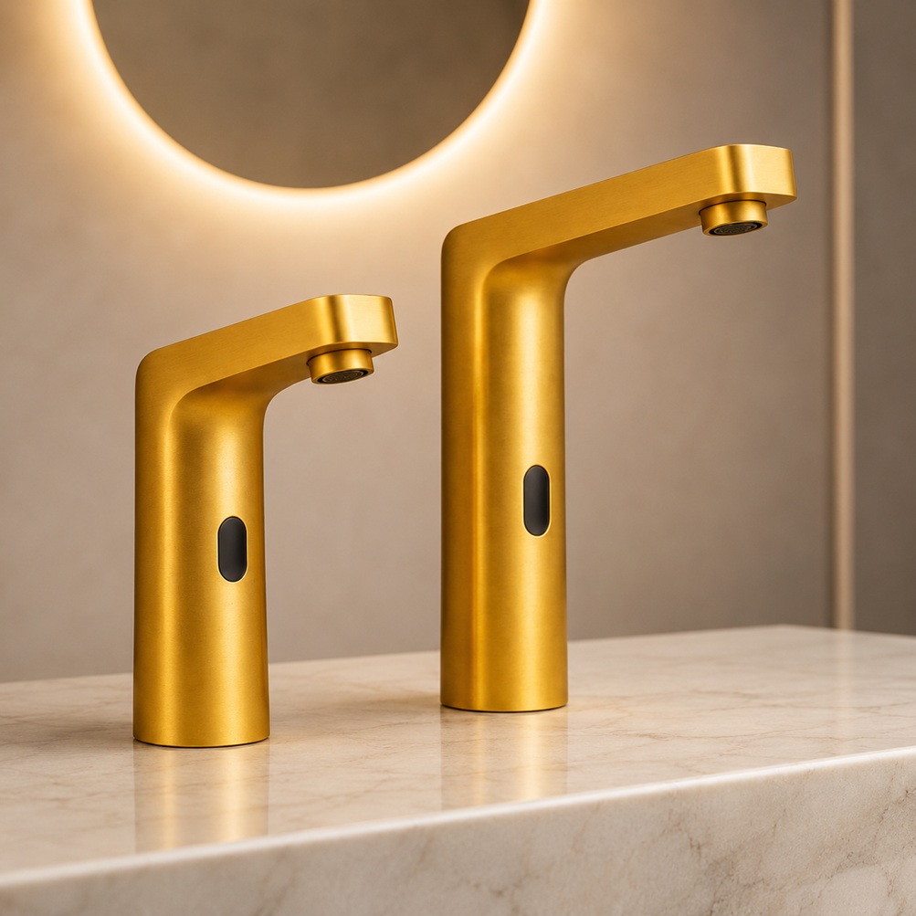 Corporate campus restroom with multiple sink stations using matching touchless faucets